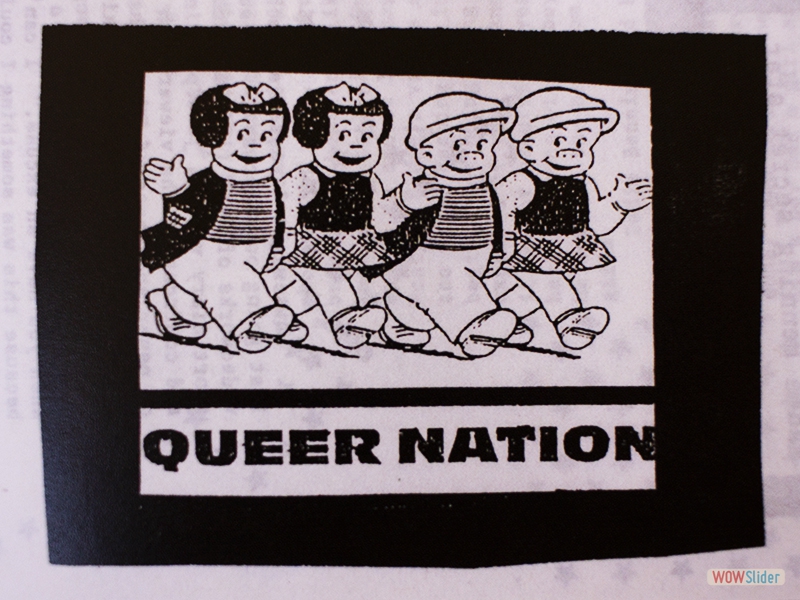Art using 2 cartoon girls and 2 cartoon boys with QUEER NATION underneath. 